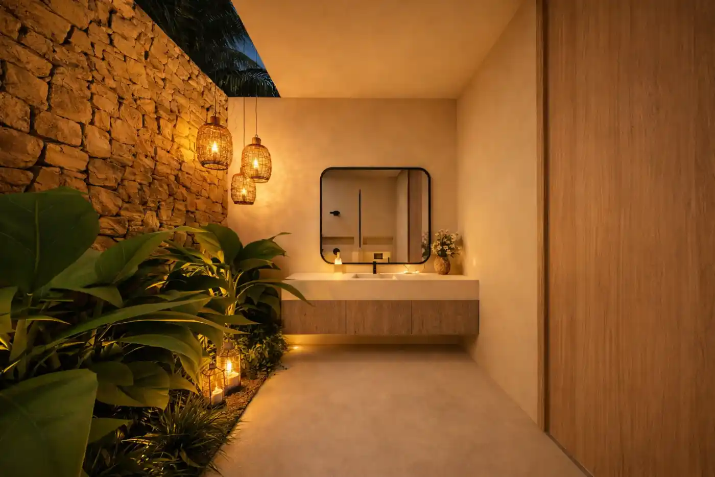 Baño exterior con lavabo flotante y piedra natural de noche
