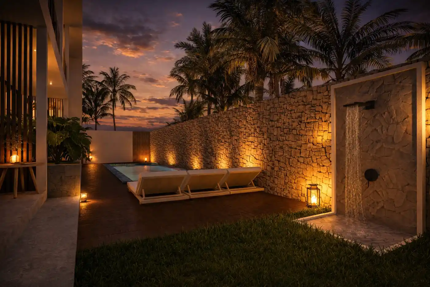 Cocina con isla de piedra al atardecer