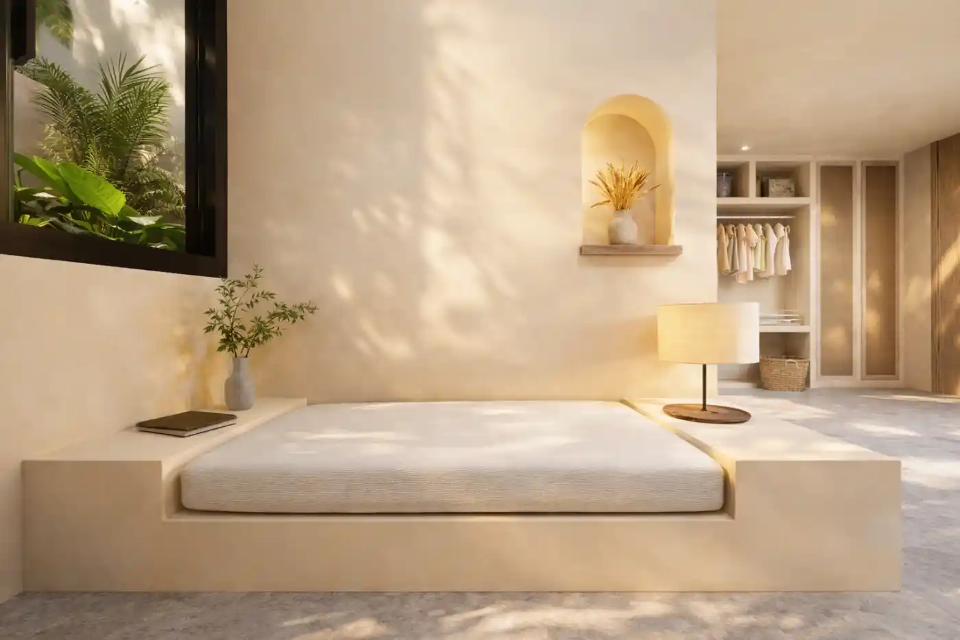 Habitación minimalista con cama plataforma y vestidor
