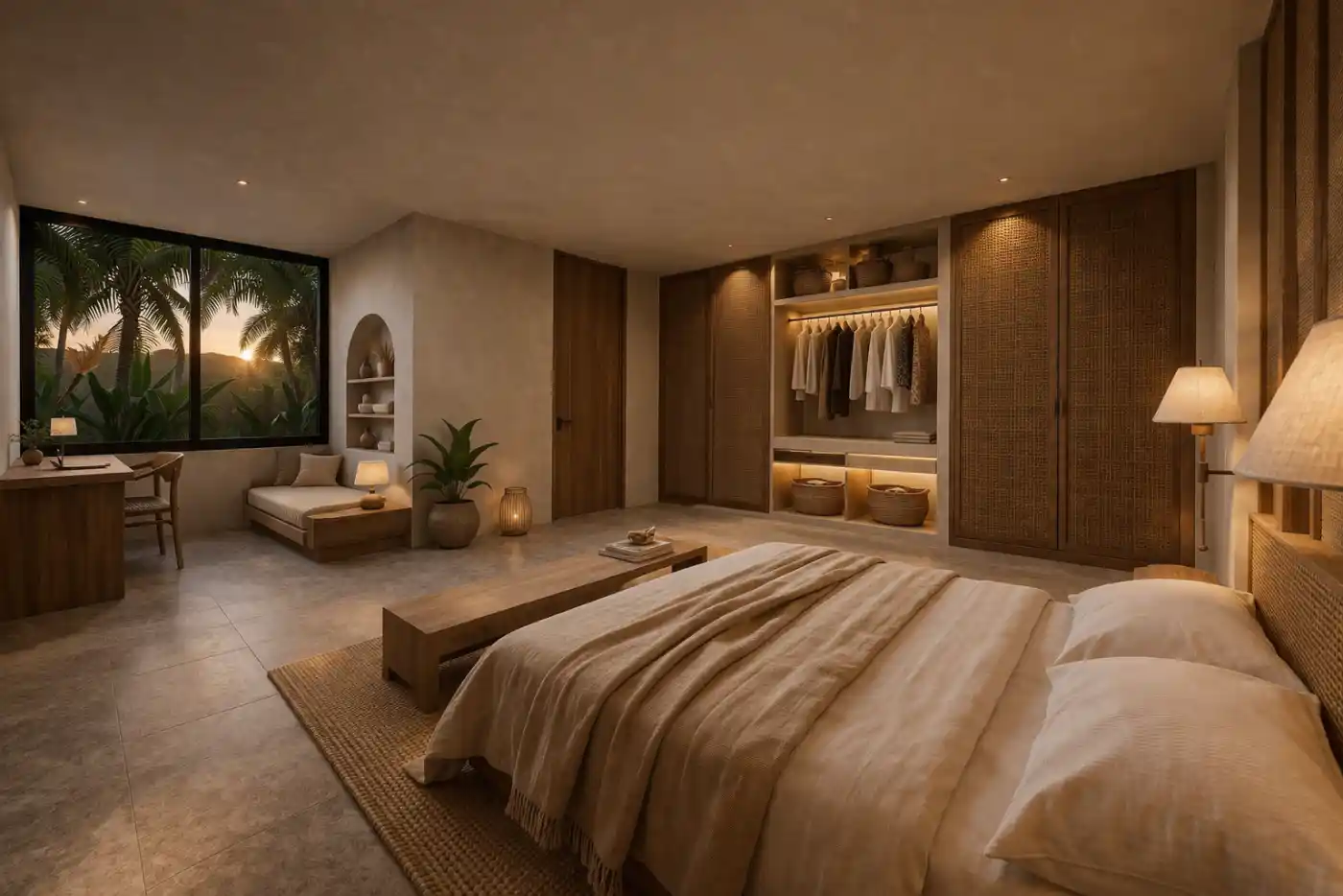 Suite principal con vestidor y vistas al atardecer