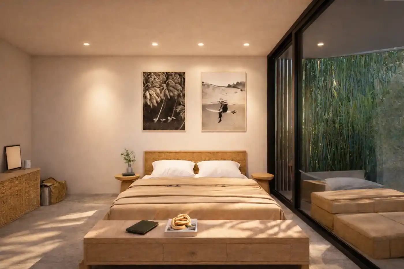 Habitación con decoración surf y jardín de bambú