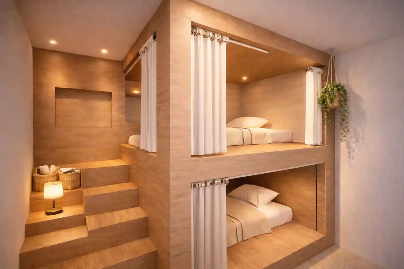 Habitación con literas cápsula en madera clara