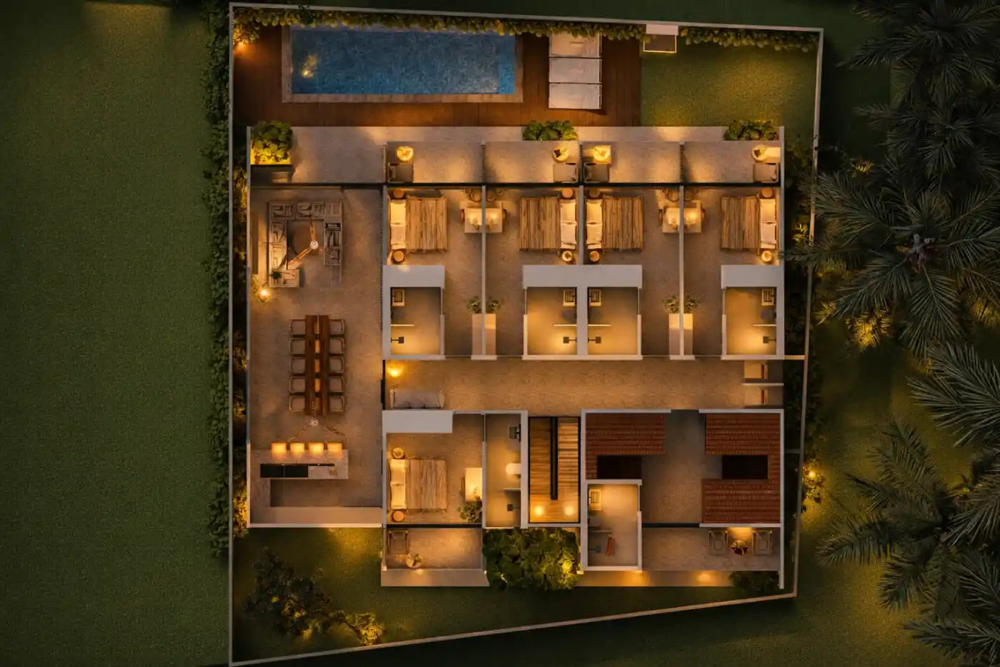 Plano cenital nocturno de TheHome con piscina