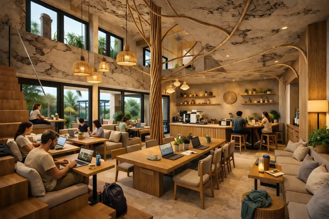 Cafetería Nirvana con personas trabajando y árbol interior