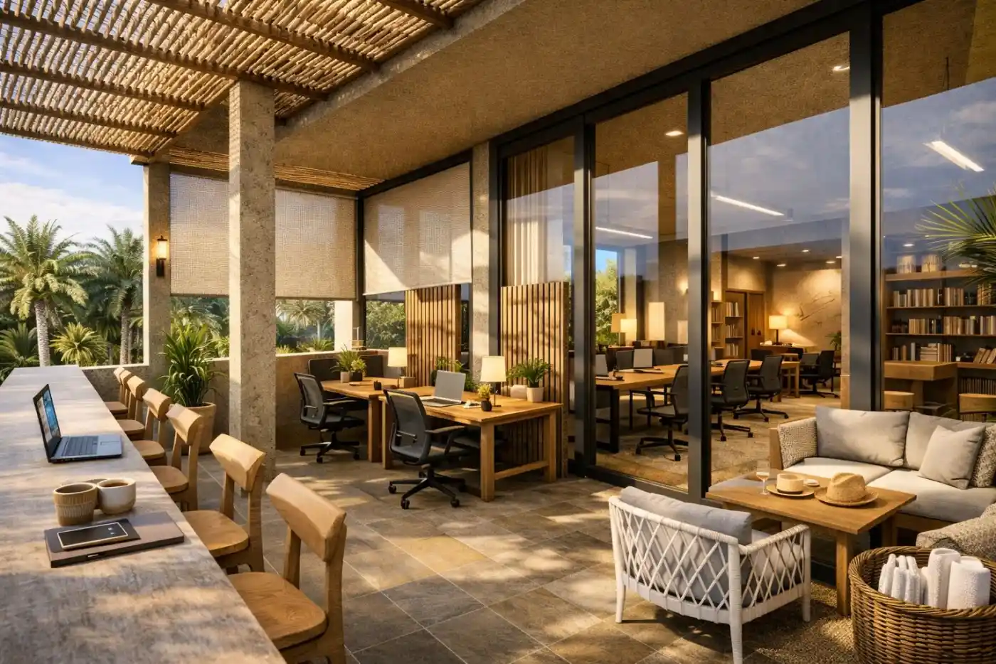 Terraza coworking exterior con vistas a palmeras