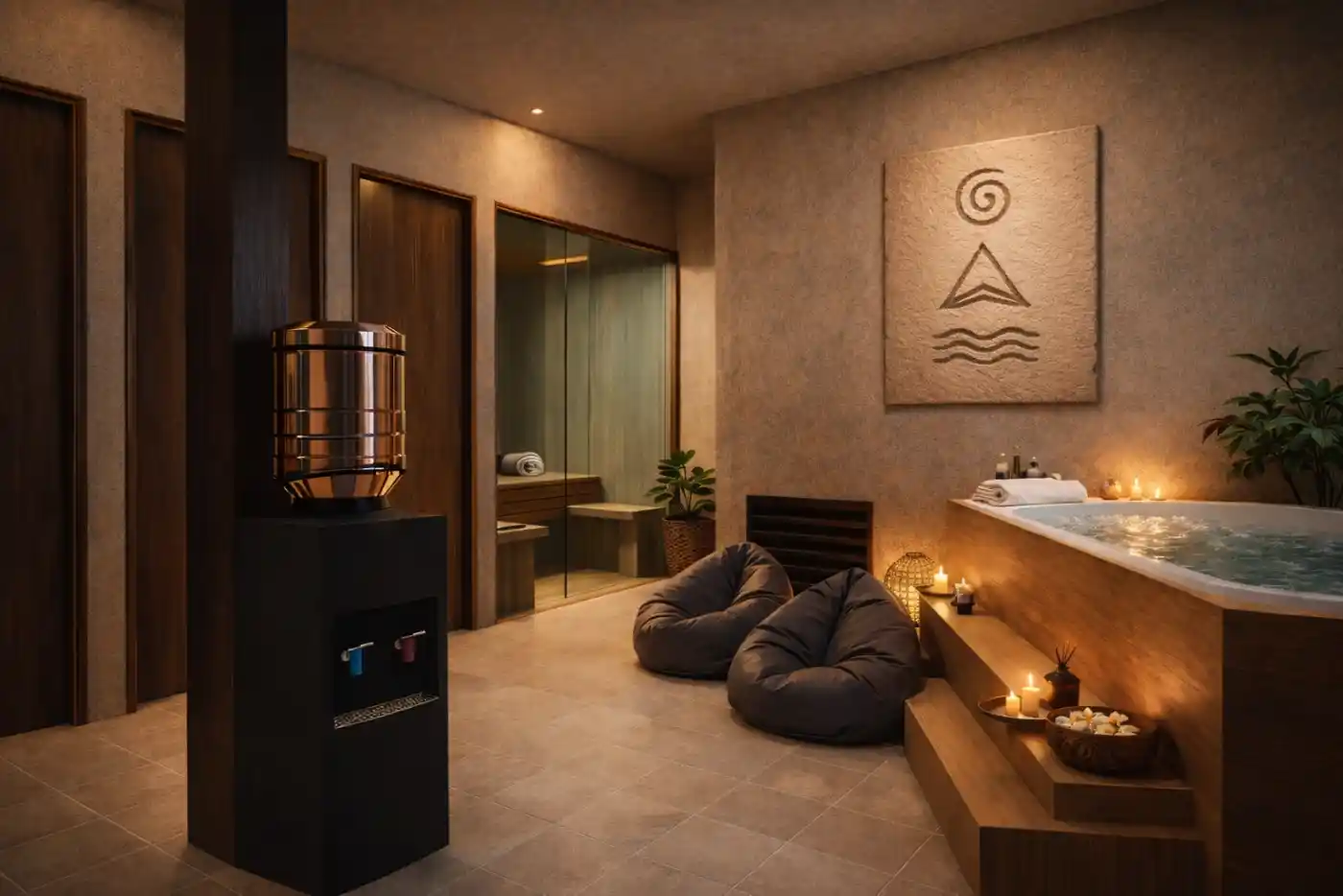 Zona spa con jacuzzi, sauna y símbolos Nirvana