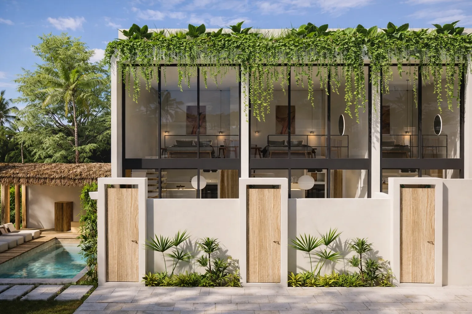 Front façade with balconies and climbing plants by day