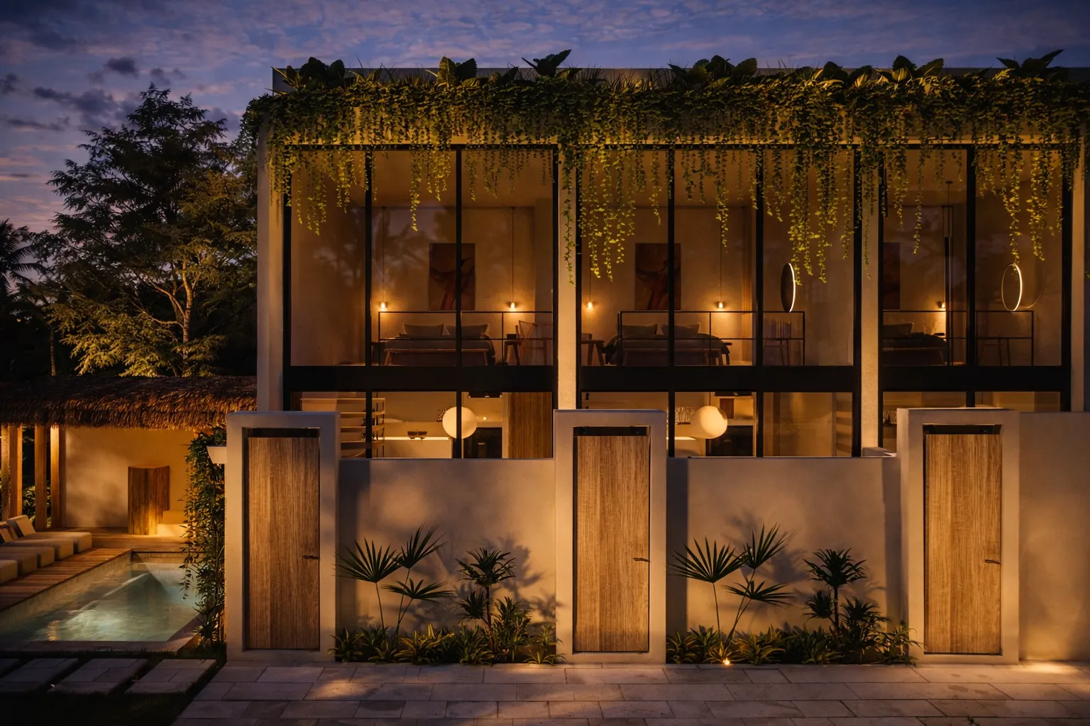 Front façade warmly lit at night