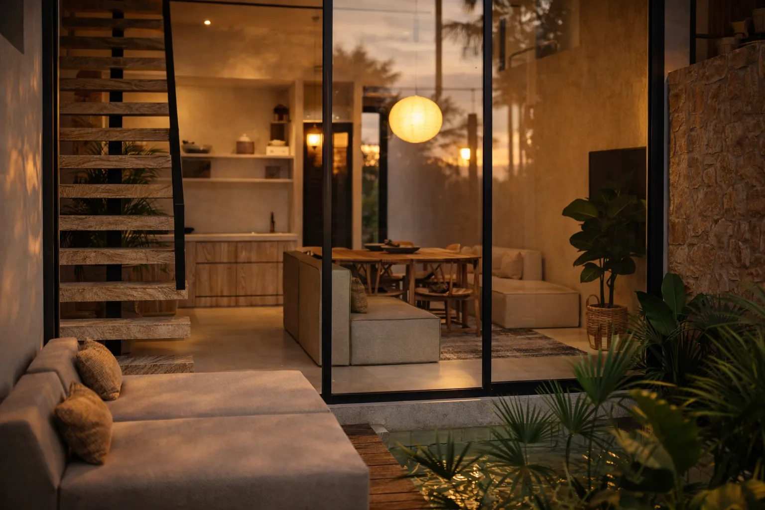 Villa interior at sunset with warm natural light