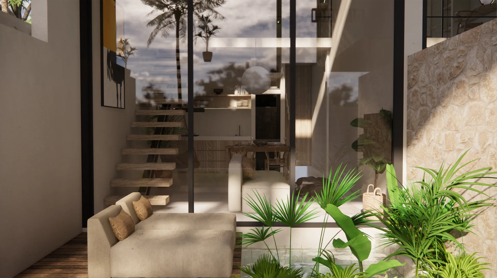 Villa interior with a staircase, sofa and tropical plants