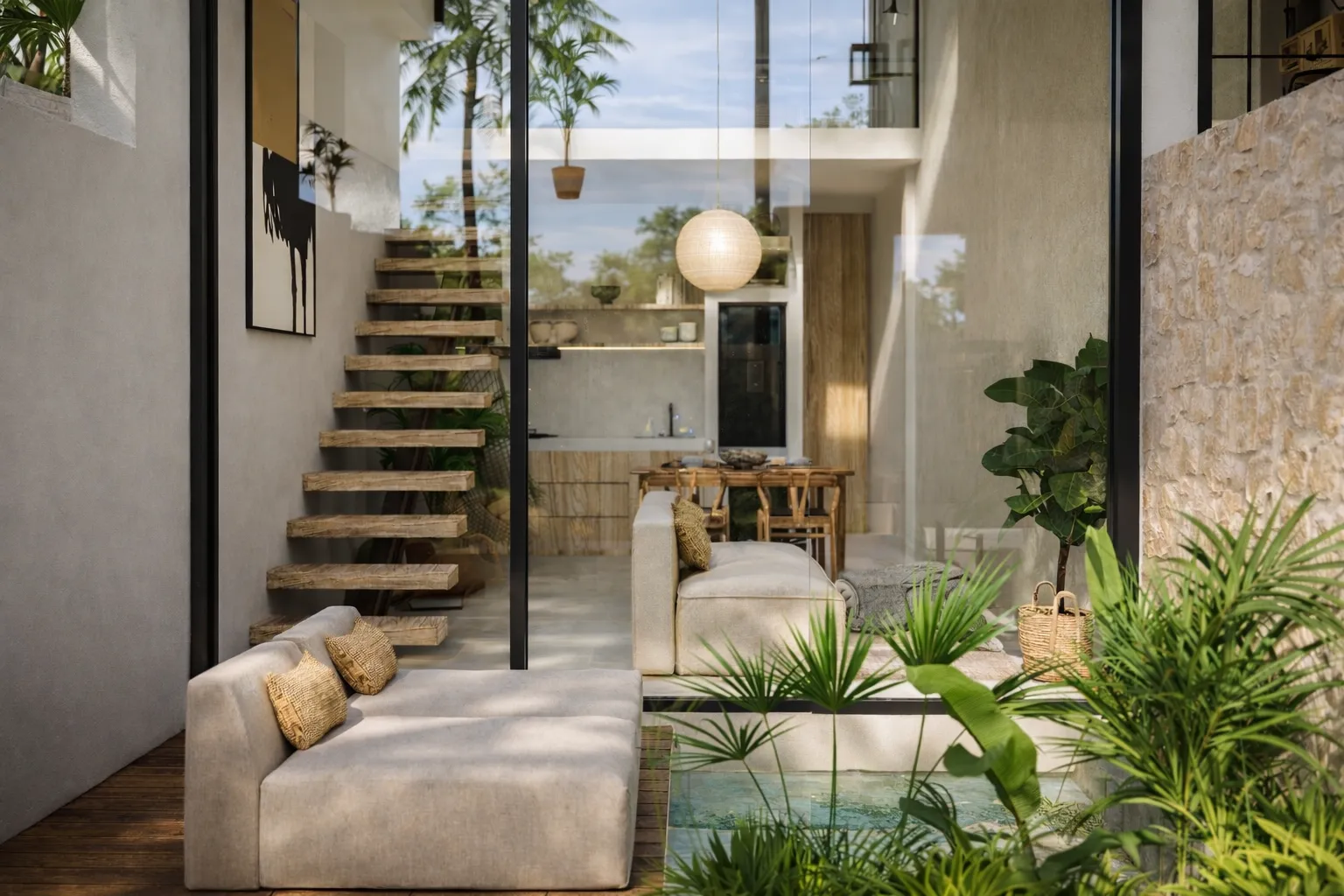 Loft-style villa interior with double-height ceiling and built-in kitchen