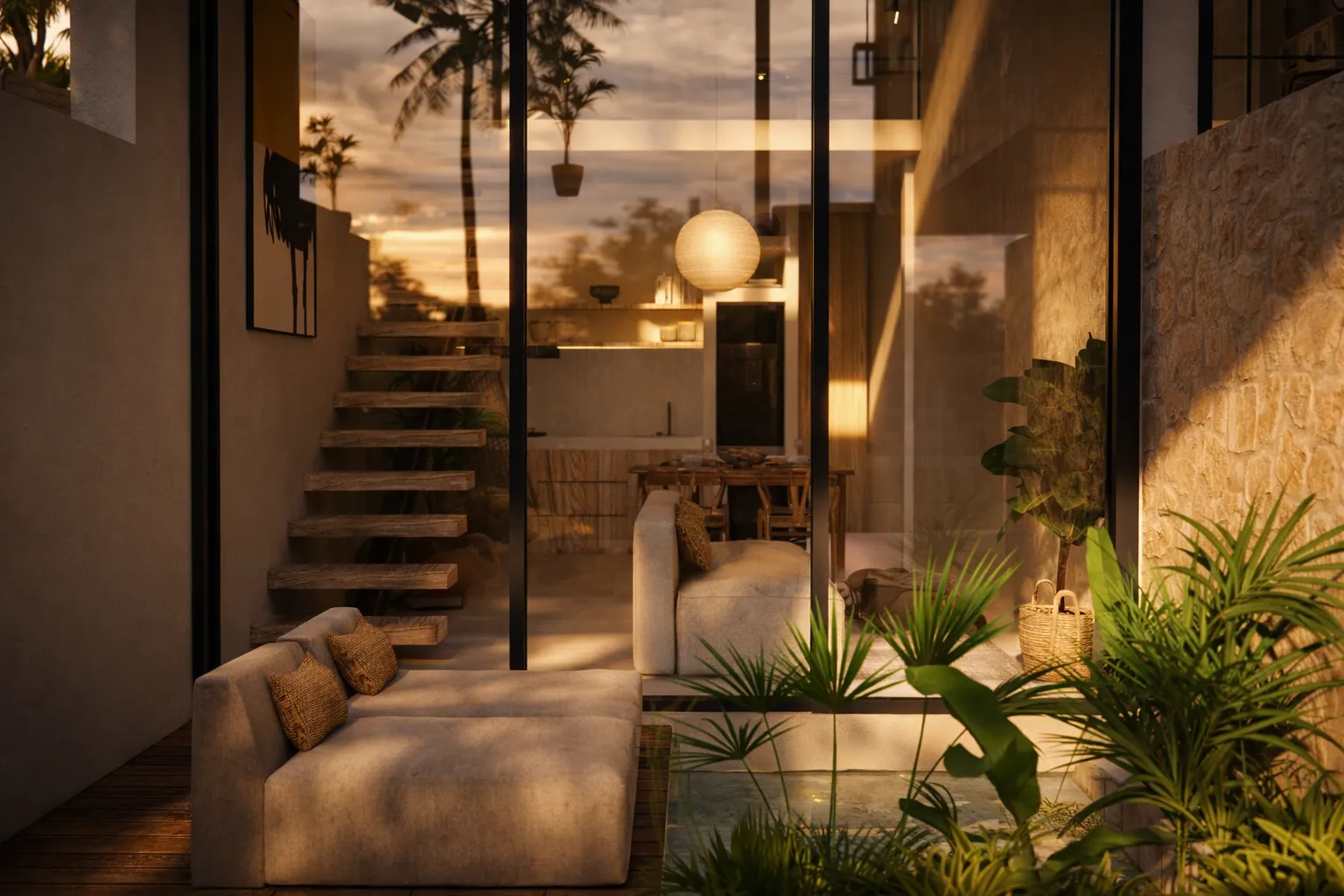 Interior courtyard with a staircase and greenery at sunset
