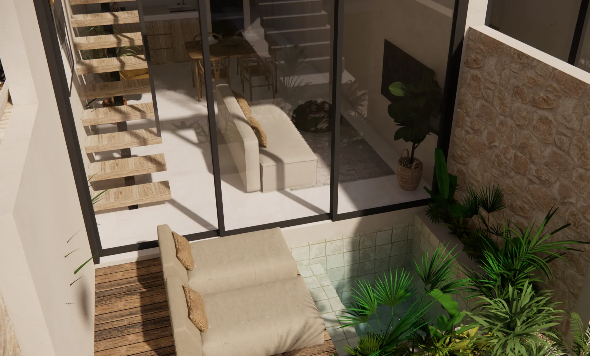 Overhead view of the interior courtyard with a glass wall