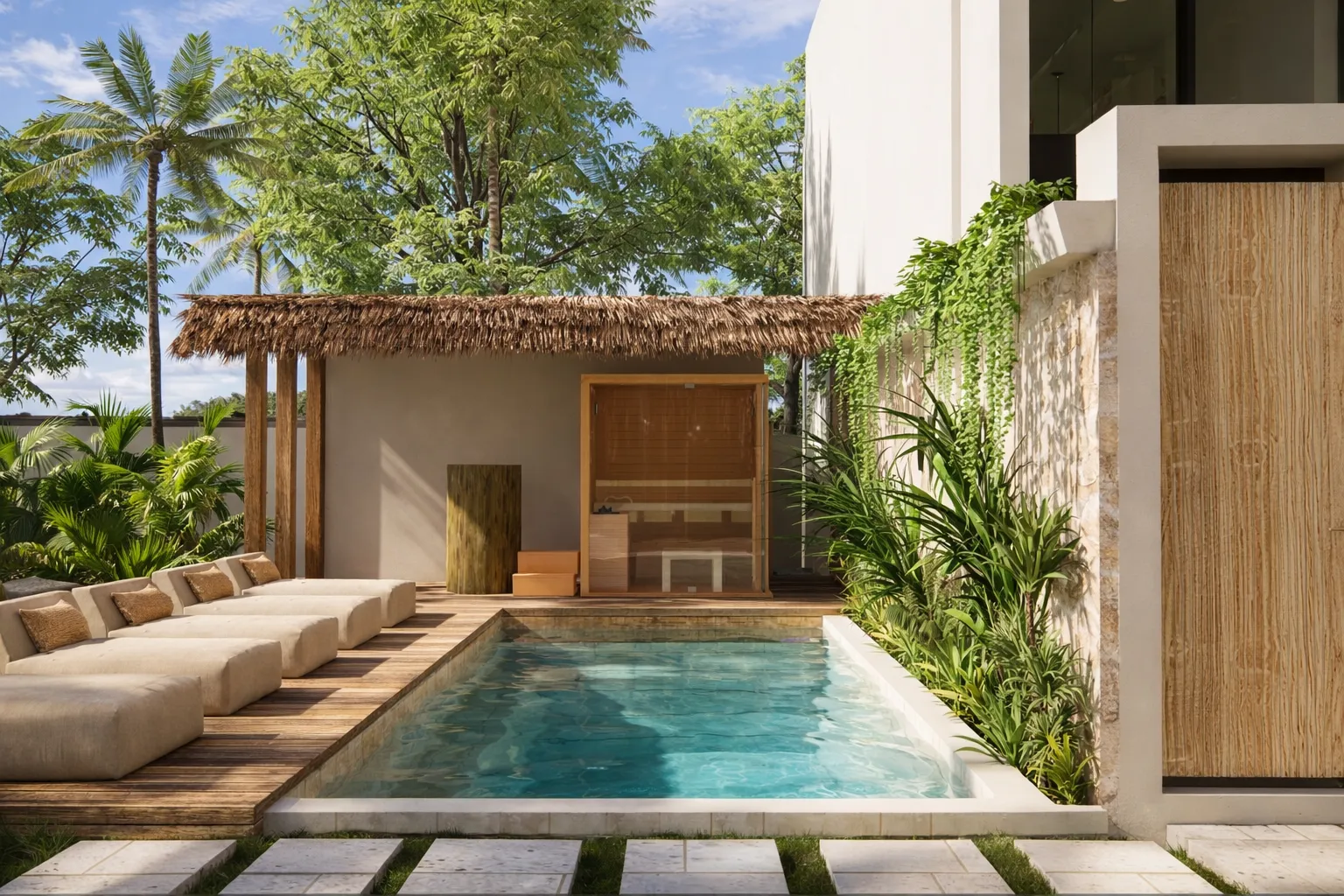 Shared pool with a sauna and thatched pergola
