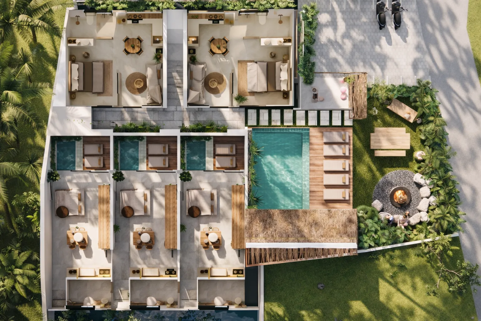Aerial floor plan with pool, villas and fire-pit area