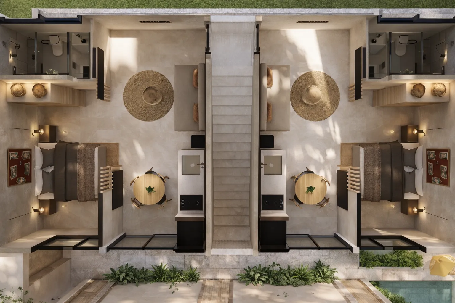 Overhead plan of two units with natural daylight