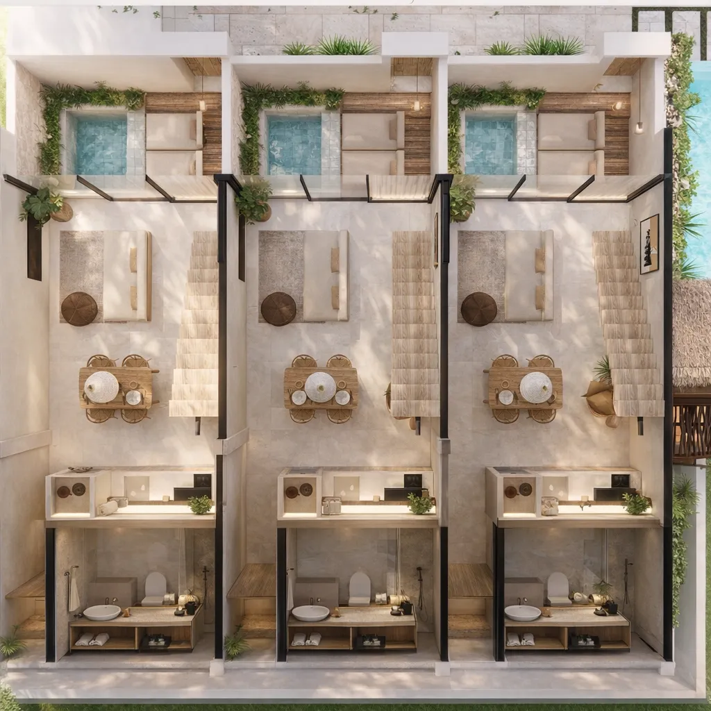 Plan of three units with private rooftop pools