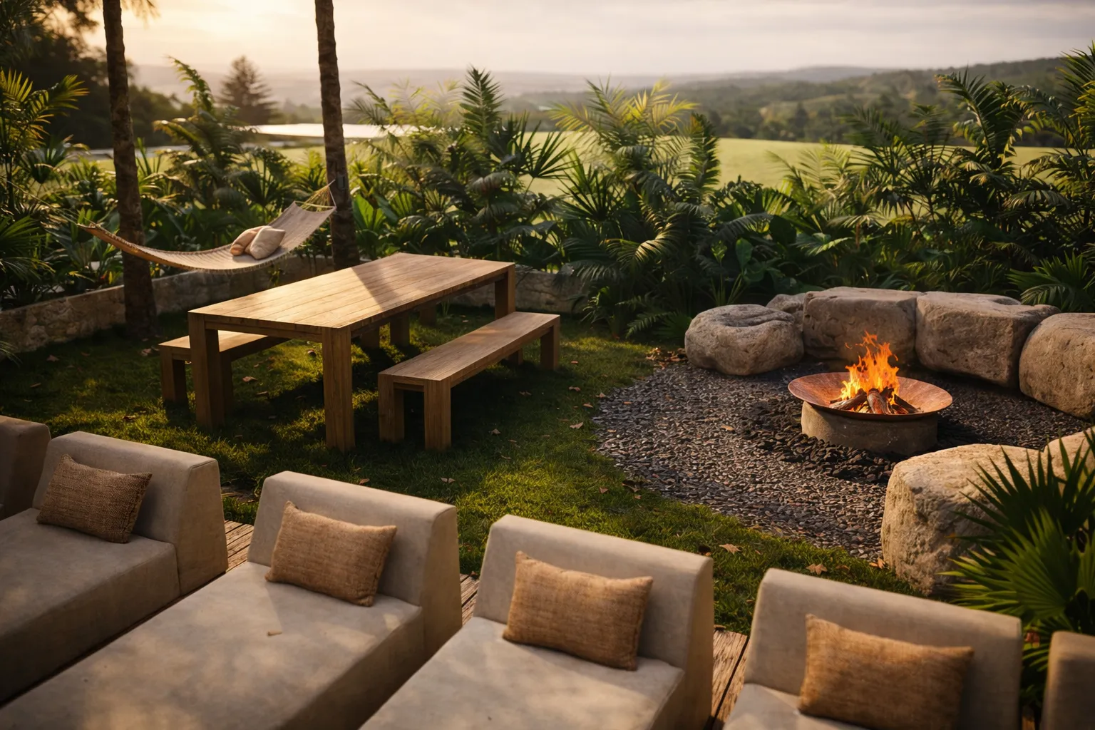 Terrace with a fire pit, wooden table and sunset views