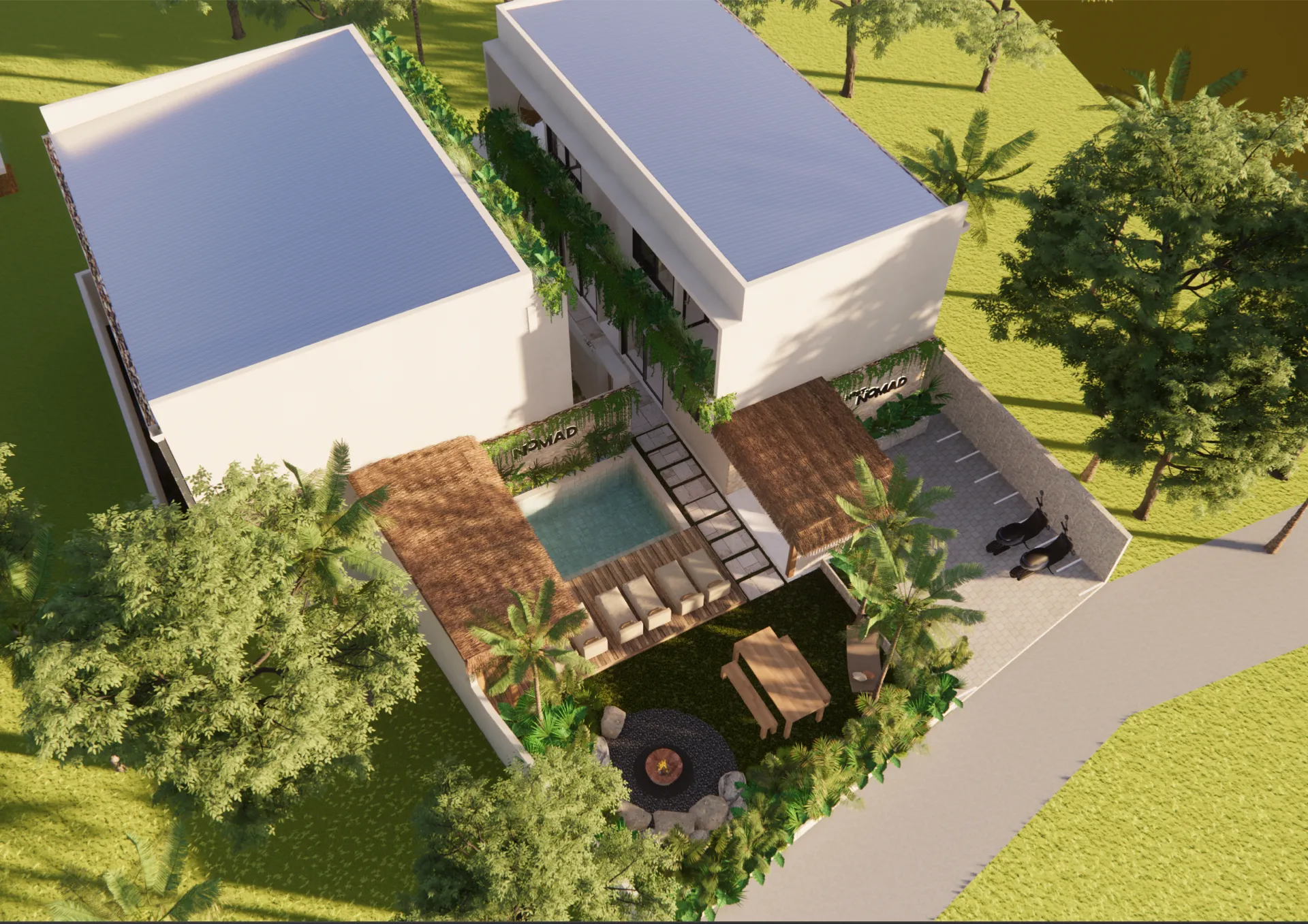 3D aerial view of the complex with pool and garden